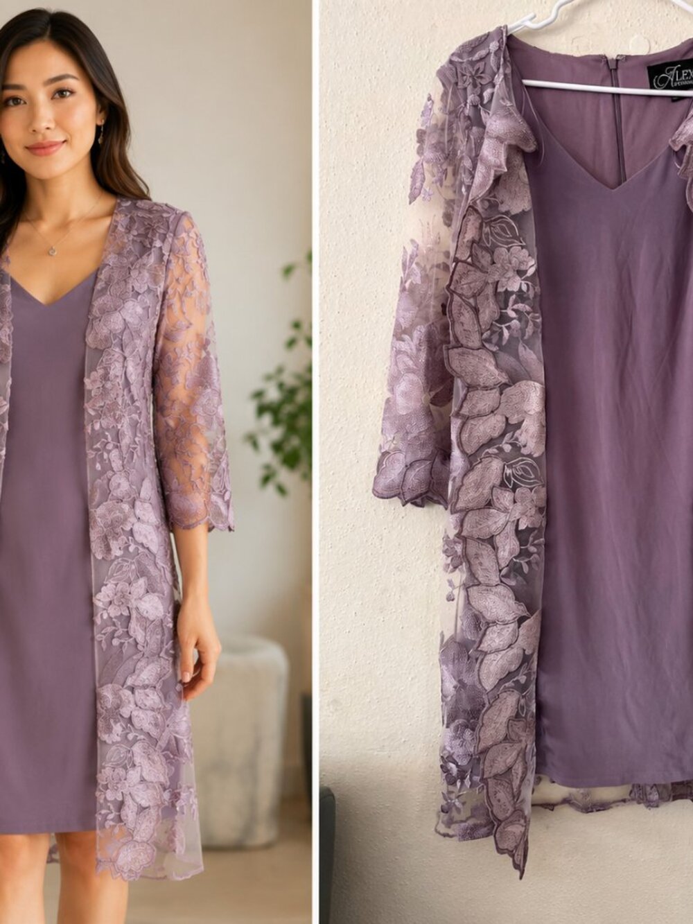 Alex Evenings Smokey Orchid Embroidered Sheer Jacket Dress Size 10